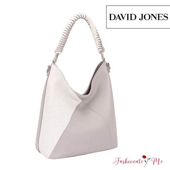 David Jones Woven Handle PU Leather Shoulder Handbag | Light Grey - Picture 1 of 5